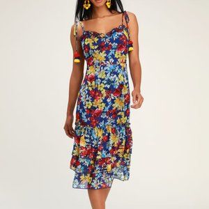 Lulus Blue Floral Print Summer Midi Dress - SZ S